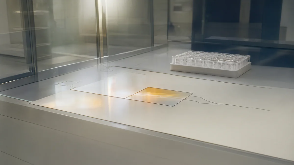 Reflected light on a glass-partitioned work surface beside a translucent rack.