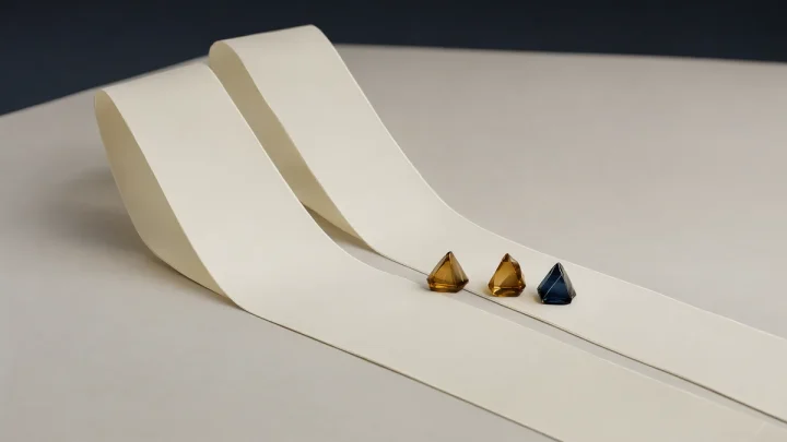 Two folded blank paper ribbons beside three translucent glass prisms on a pale surface.