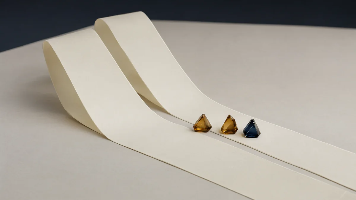 Two folded blank paper ribbons beside three translucent glass prisms on a pale surface.