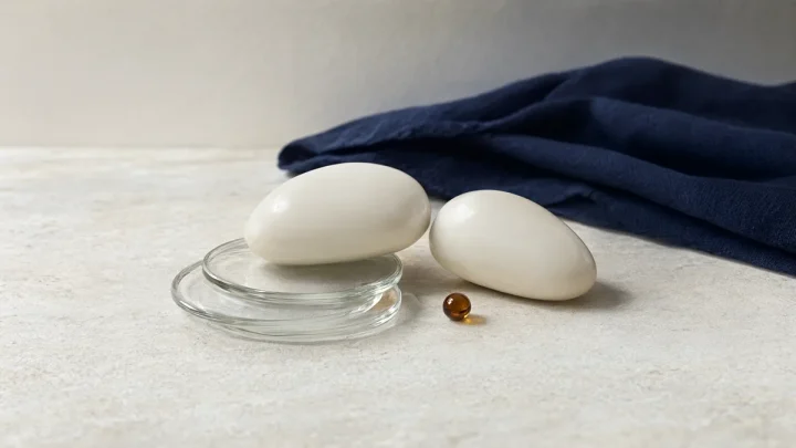 Two ivory ceramic pebbles, one on stacked glass discs, beside an amber bead and navy cloth.