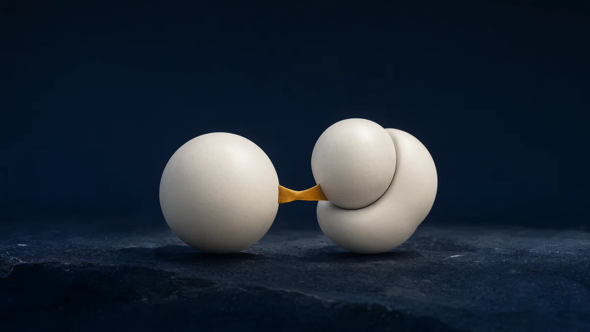 Two pale ceramic forms linked by an amber ribbon on dark stone.