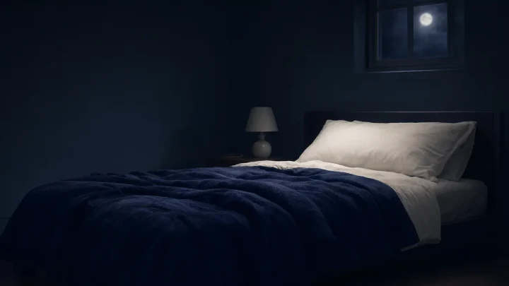 An empty sleeping space with a folded blanket, pillow, lamp and moonlit window.
