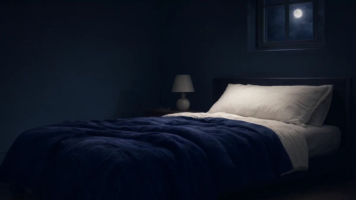 An empty sleeping space with a folded blanket, pillow, lamp and moonlit window.