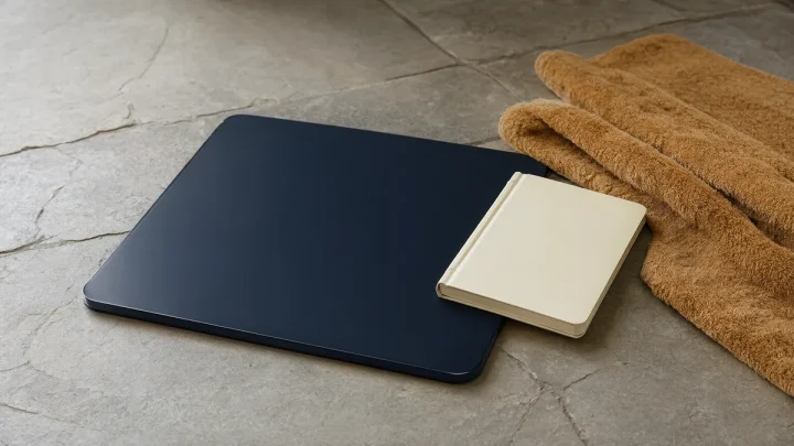 A plain face-down glass platform beside a notebook and towel.