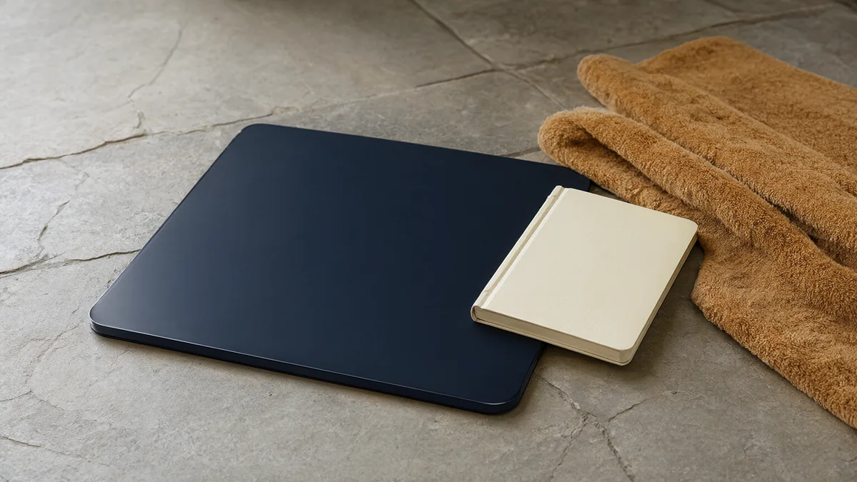 A plain face-down glass platform beside a notebook and towel.