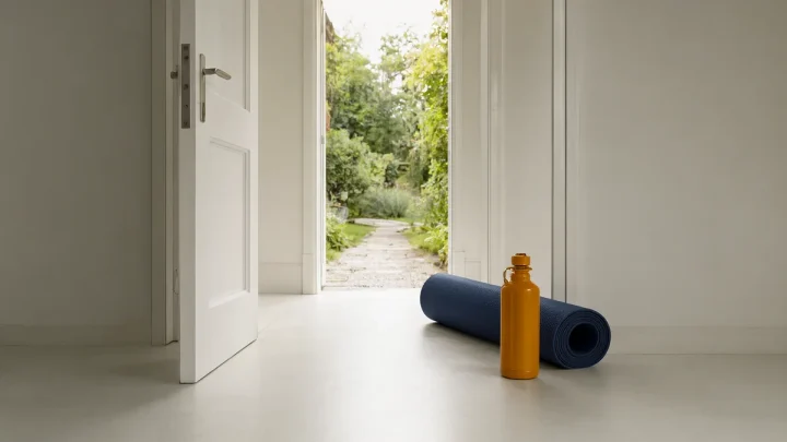 An exercise mat and plain bottle beside an open doorway to a garden.