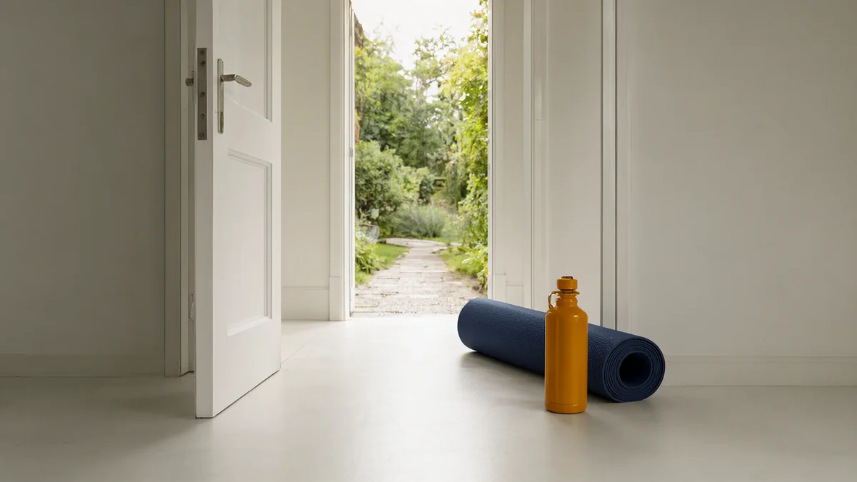 An exercise mat and plain bottle beside an open doorway to a garden.