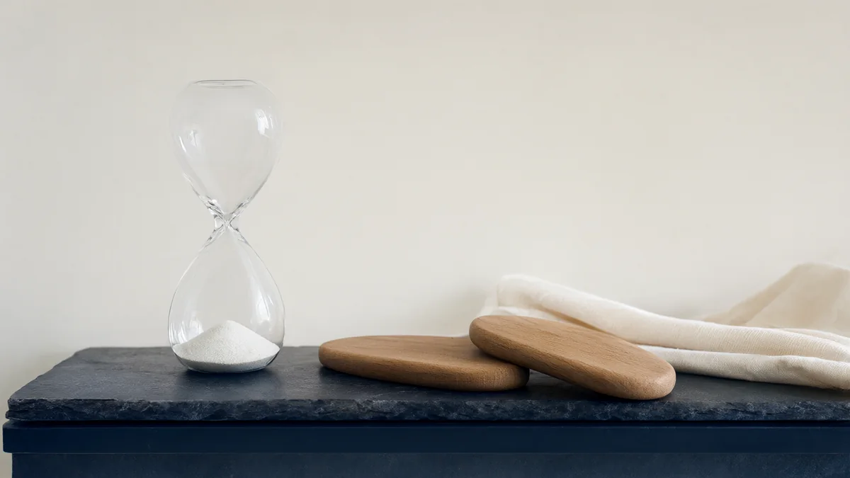A sand hourglass beside two smooth wooden oval shapes.