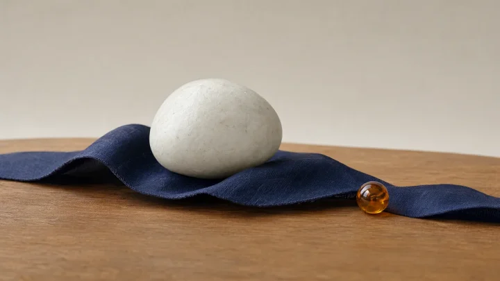 A pale stone and amber bead arranged along a curving navy ribbon.