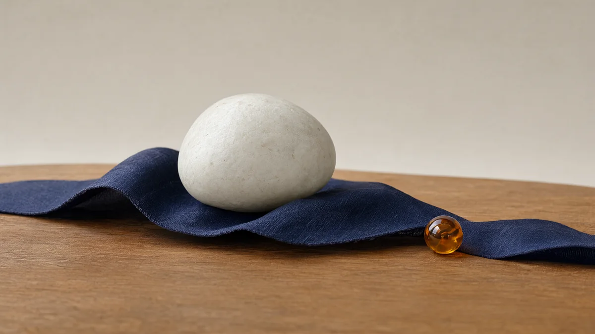 A pale stone and amber bead arranged along a curving navy ribbon.