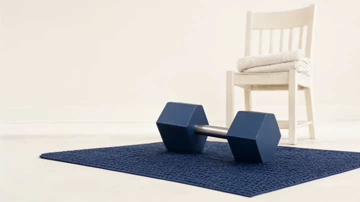 A plain navy hexagonal handweight on a mat beside an empty wooden chair and folded towel.