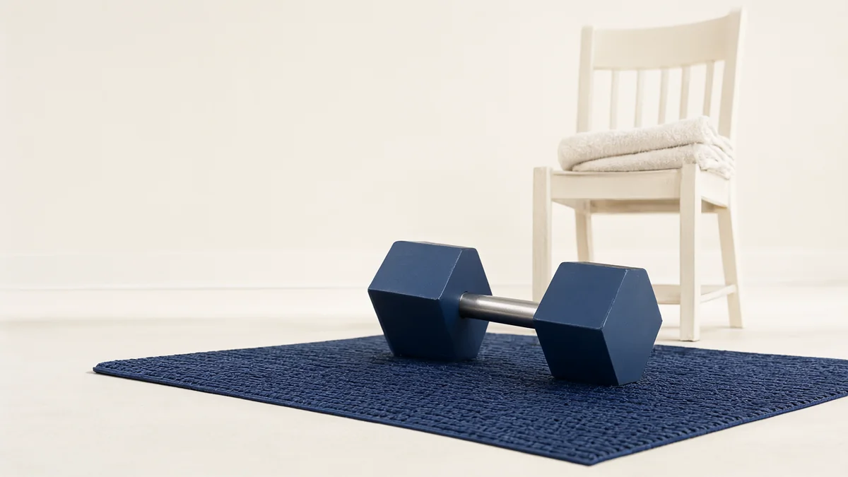 A plain navy hexagonal handweight on a mat beside an empty wooden chair and folded towel.