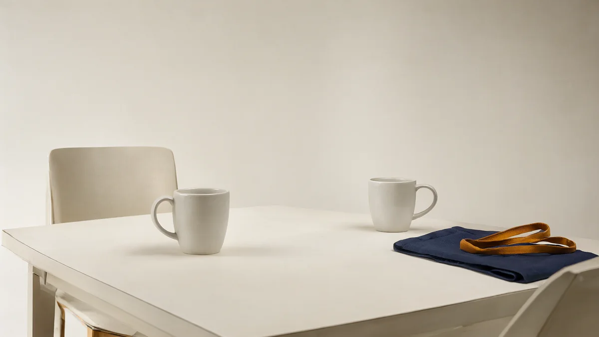 Two plain mugs on a table beside empty chairs and folded linen.