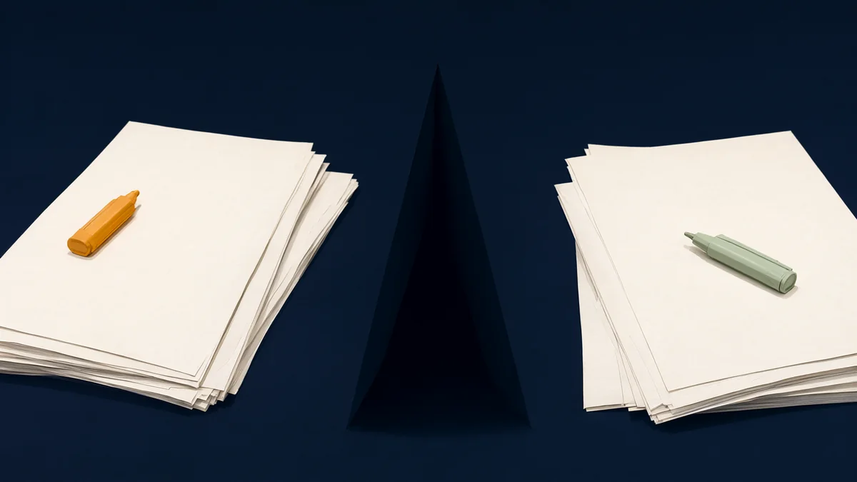 Two separate groups of blank research papers divided by an upright screen.