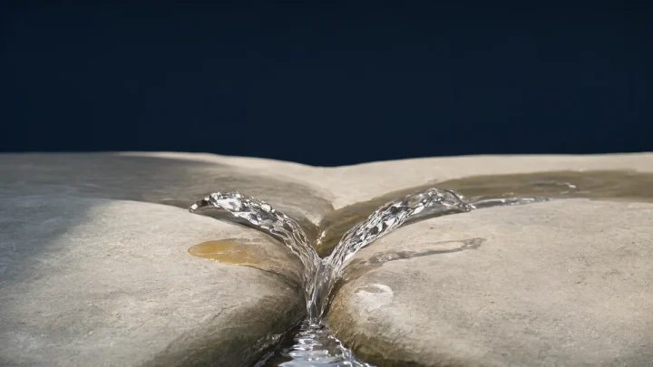 Two streams of clear water joining over a smooth stone surface.