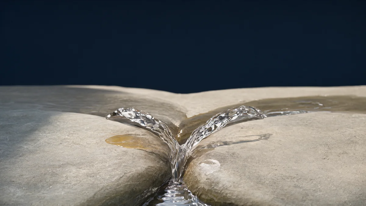 Two streams of clear water joining over a smooth stone surface.