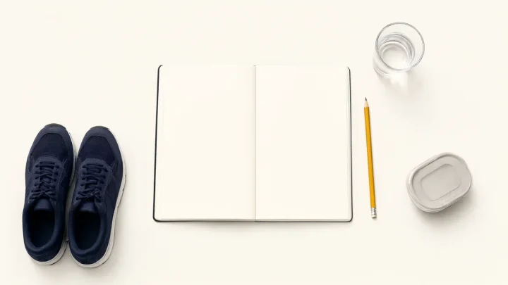 A blank notebook, pencil, walking shoes, water glass and plain meal container viewed from above.