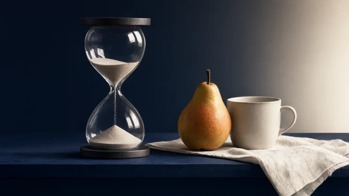 An unmarked hourglass beside a pear, cup and folded cloth.