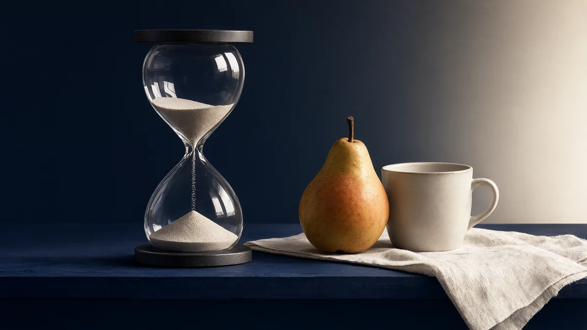 An unmarked hourglass beside a pear, cup and folded cloth.