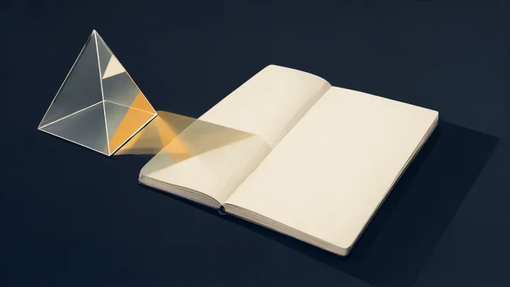 A transparent glass pyramid casts warm light beside an open blank notebook.