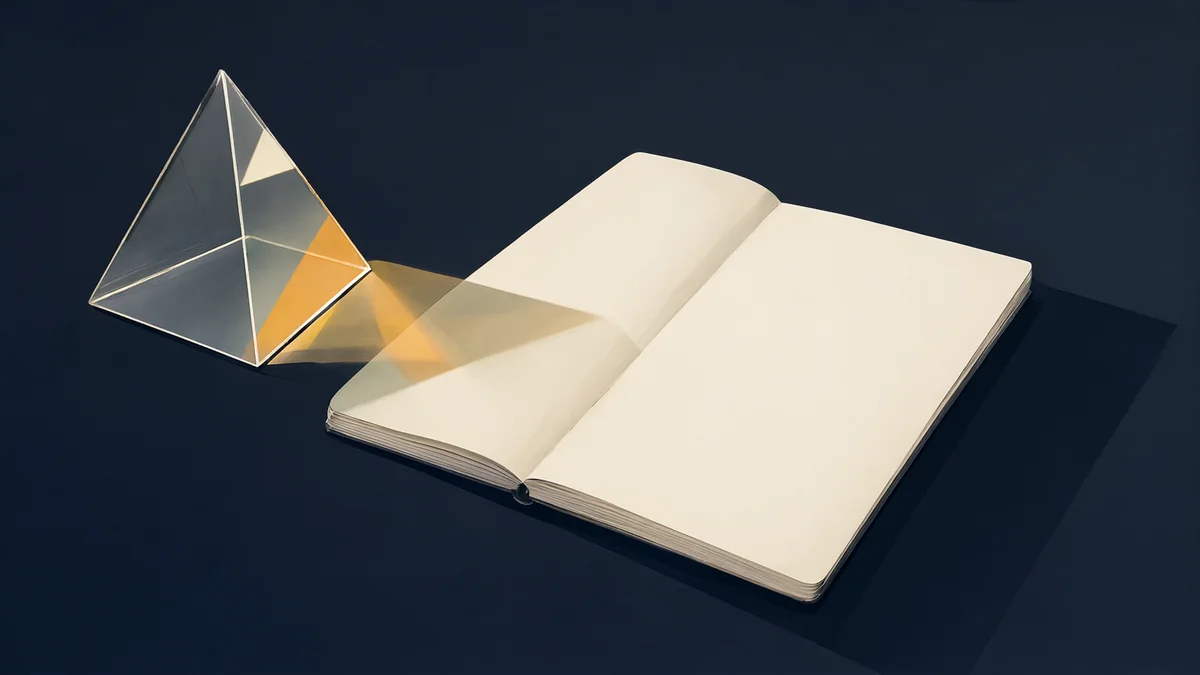 A transparent glass pyramid casts warm light beside an open blank notebook.