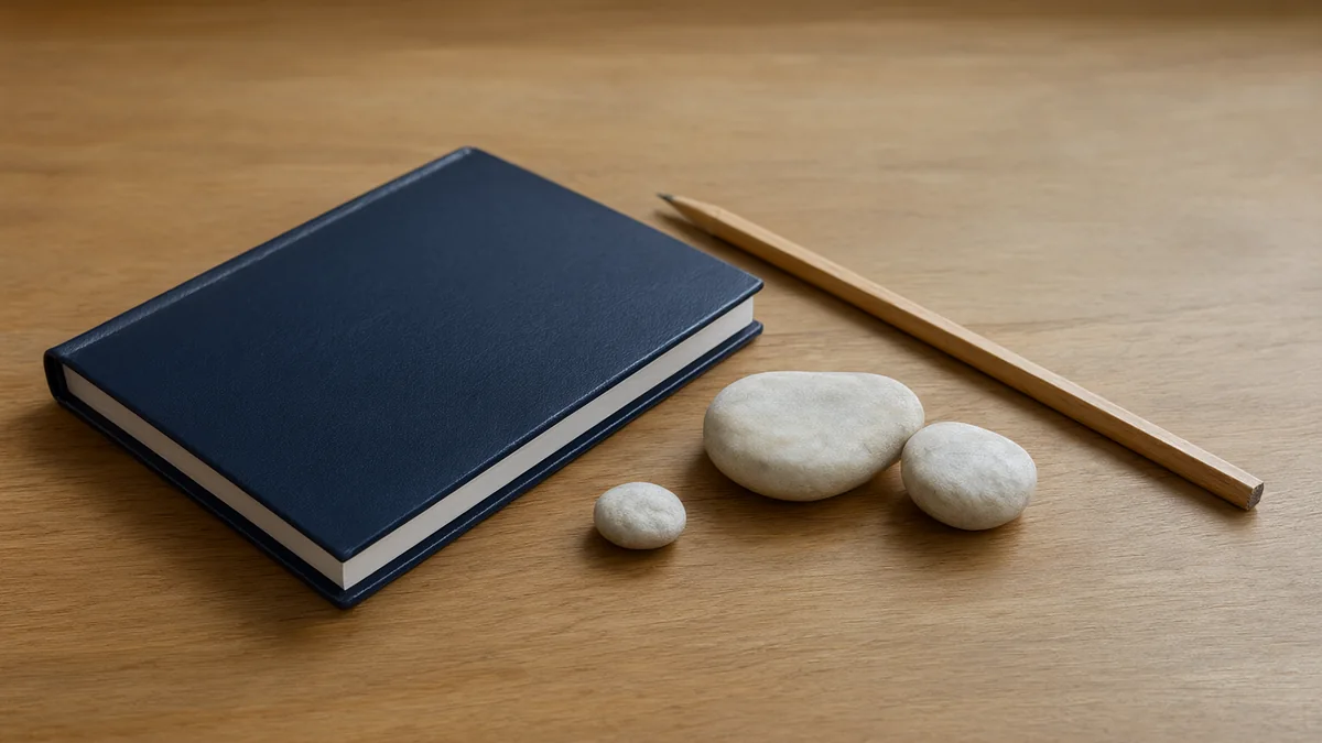 A closed journal and pencil beside three smooth stones.