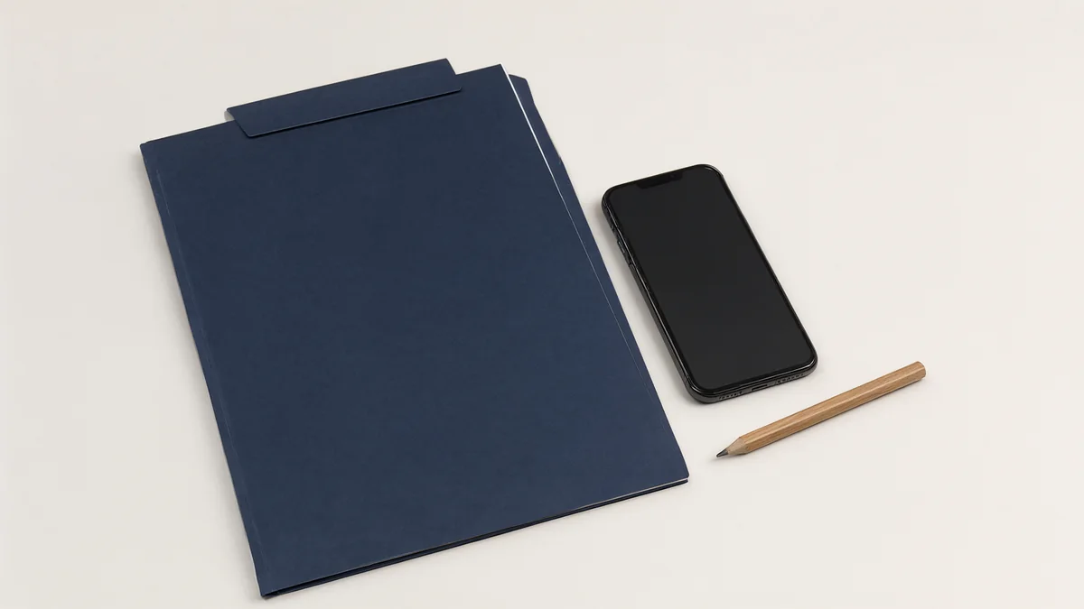 Closed folders and a blank phone beside a pencil.