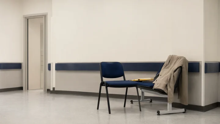 An empty waiting-area chair with a coat beside an open doorway.