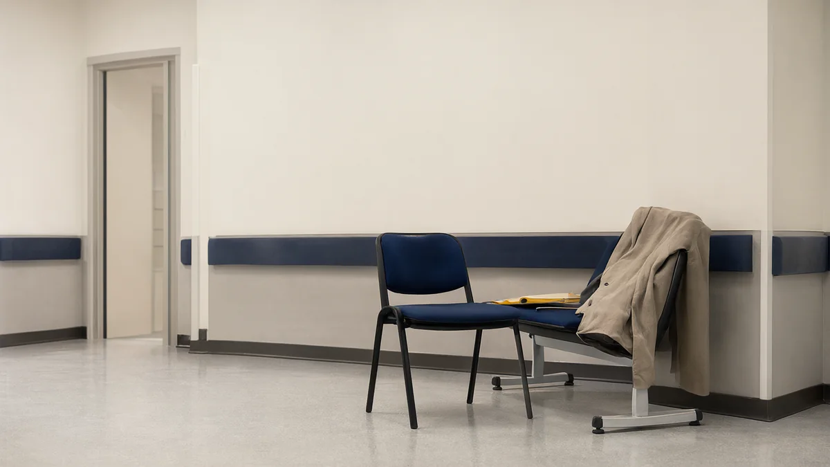 An empty waiting-area chair with a coat beside an open doorway.