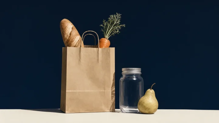 An unbranded grocery bag, plain jar, bread, carrot and pear.