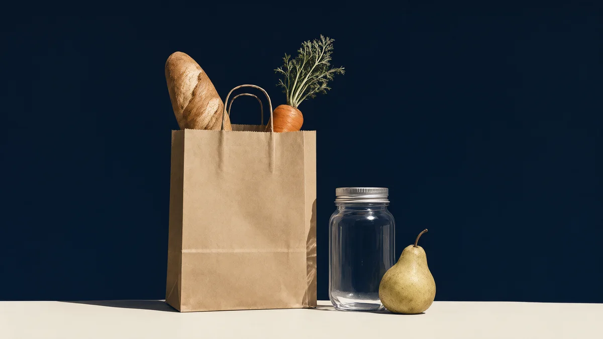 An unbranded grocery bag, plain jar, bread, carrot and pear.