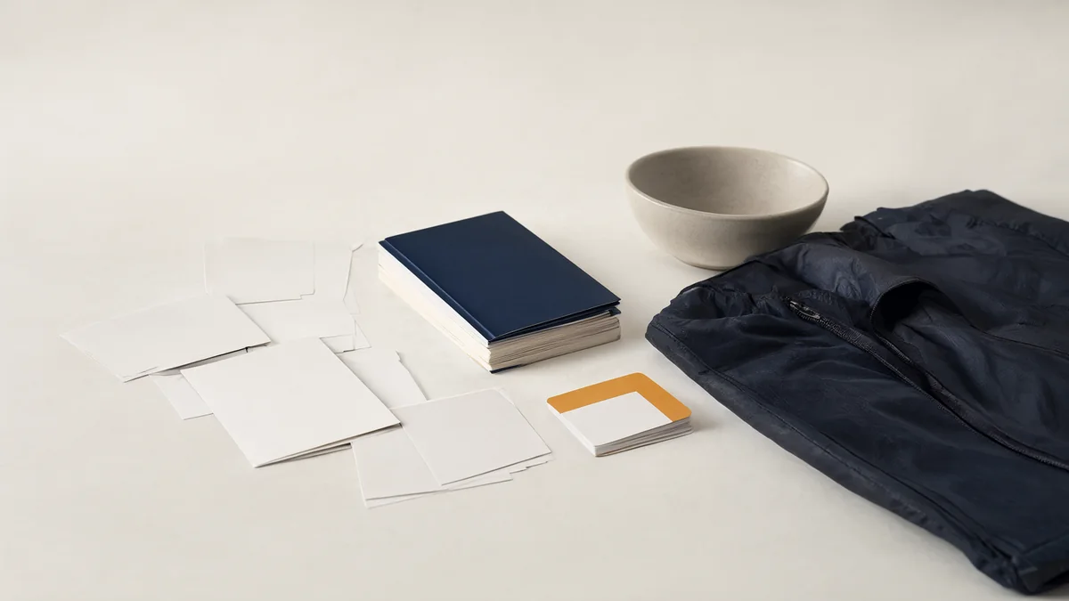 Blank planning cards beside a closed notebook, bowl and folded jacket.