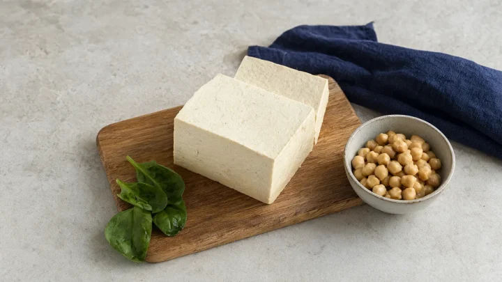 Tofu, chickpeas and spinach arranged on a kitchen table.