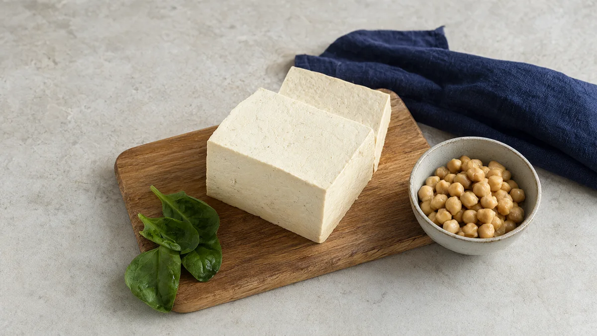 Tofu, chickpeas and spinach arranged on a kitchen table.