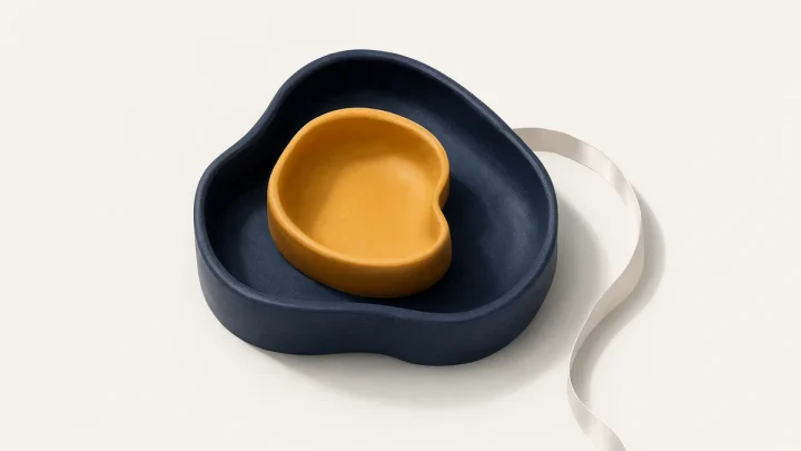 Nested ceramic forms and a curved measuring ribbon as an abstract illustration.