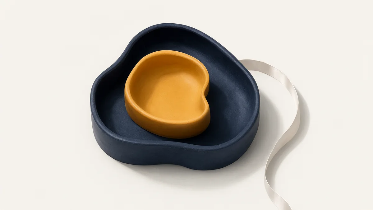 Nested ceramic forms and a curved measuring ribbon as an abstract illustration.