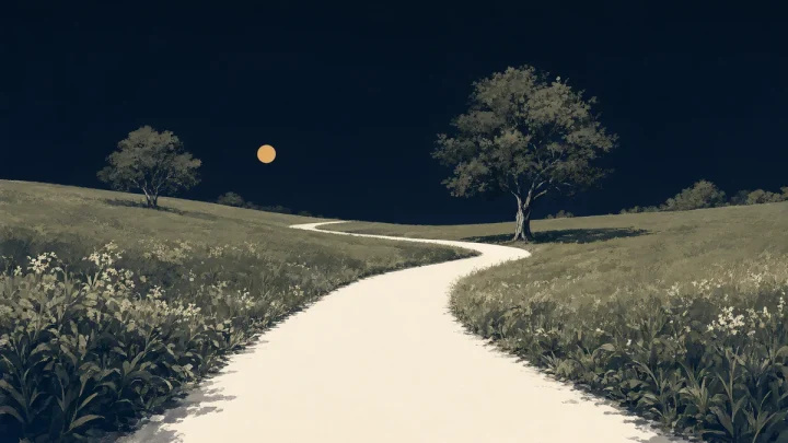 An empty pale path winds through a stylized green landscape under a small amber sun.