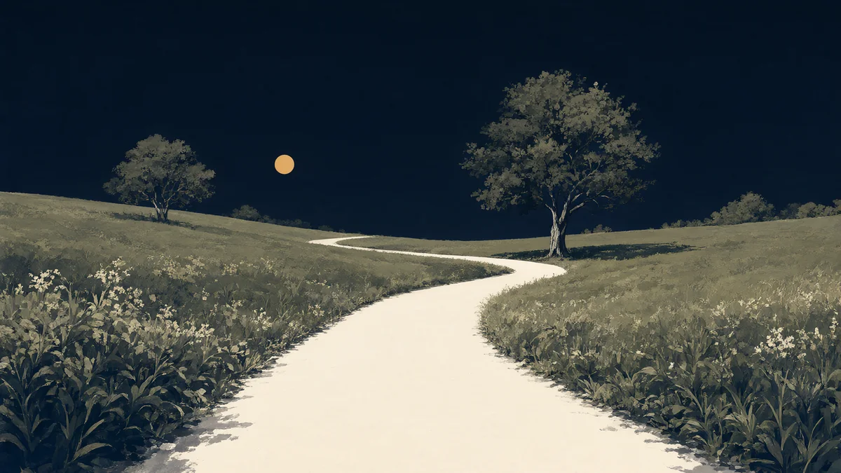 An empty pale path winds through a stylized green landscape under a small amber sun.