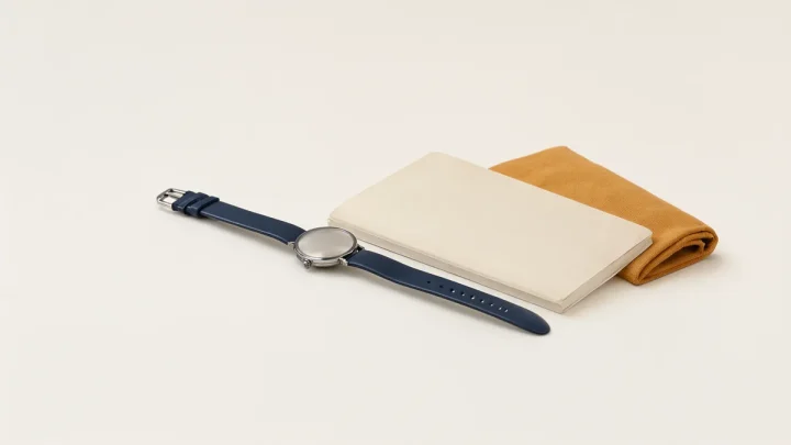 A face-down unbranded wristwatch beside a closed notebook and cloth.