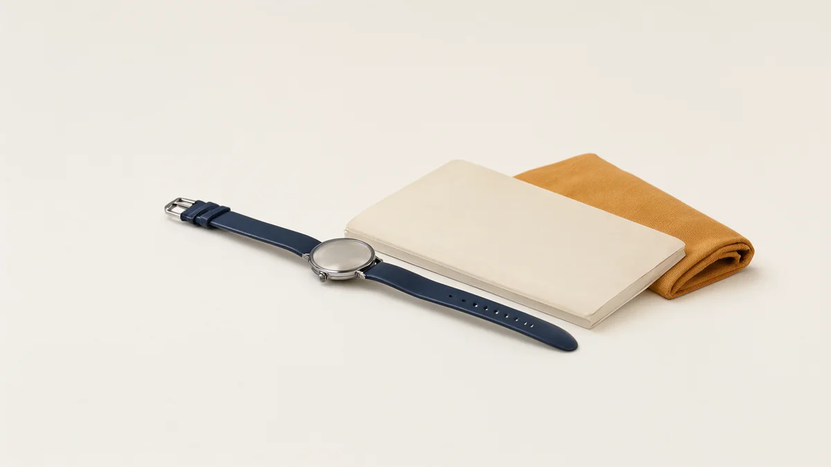A face-down unbranded wristwatch beside a closed notebook and cloth.