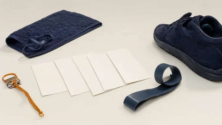 Blank planning cards beside walking shoes, a towel and resistance band.