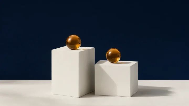 Identical amber glass spheres resting on two different pale plinths.