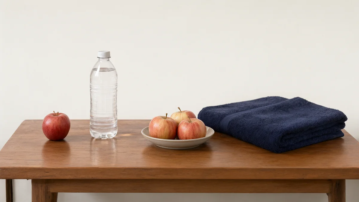 A folded towel, water bottle and apples on a wooden table.
