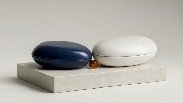 Two ceramic oval forms with an amber bead between them.