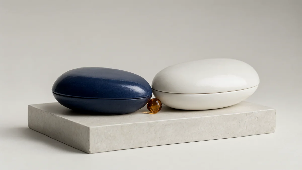 Two ceramic oval forms with an amber bead between them.