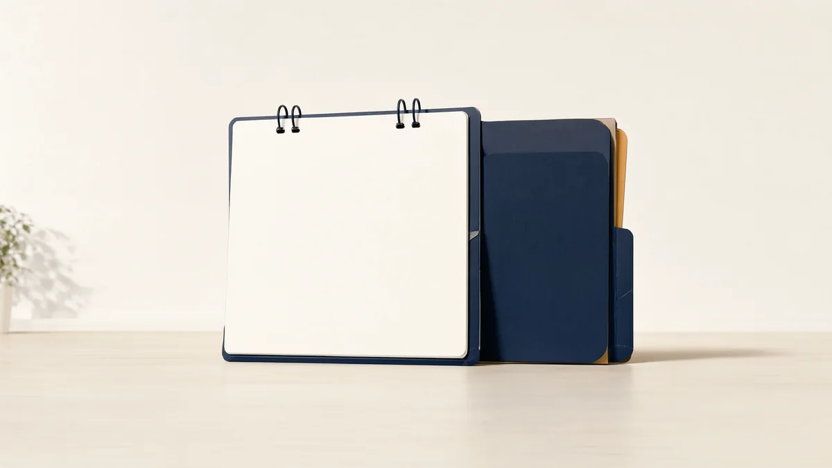 A blank preconception calendar beside two coordinated care folders; neutral home light and no ultrasound or fetus imagery