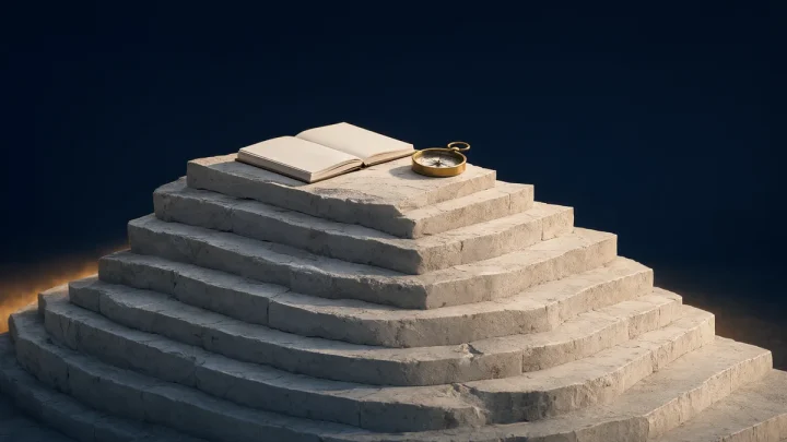 Layered flat stone-like terraces beside an open blank book and an unmarked compass.