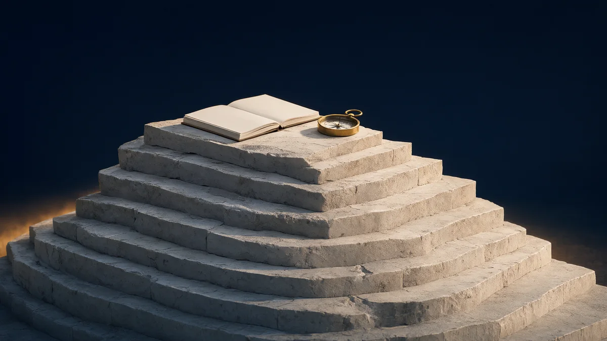 Layered flat stone-like terraces beside an open blank book and an unmarked compass.