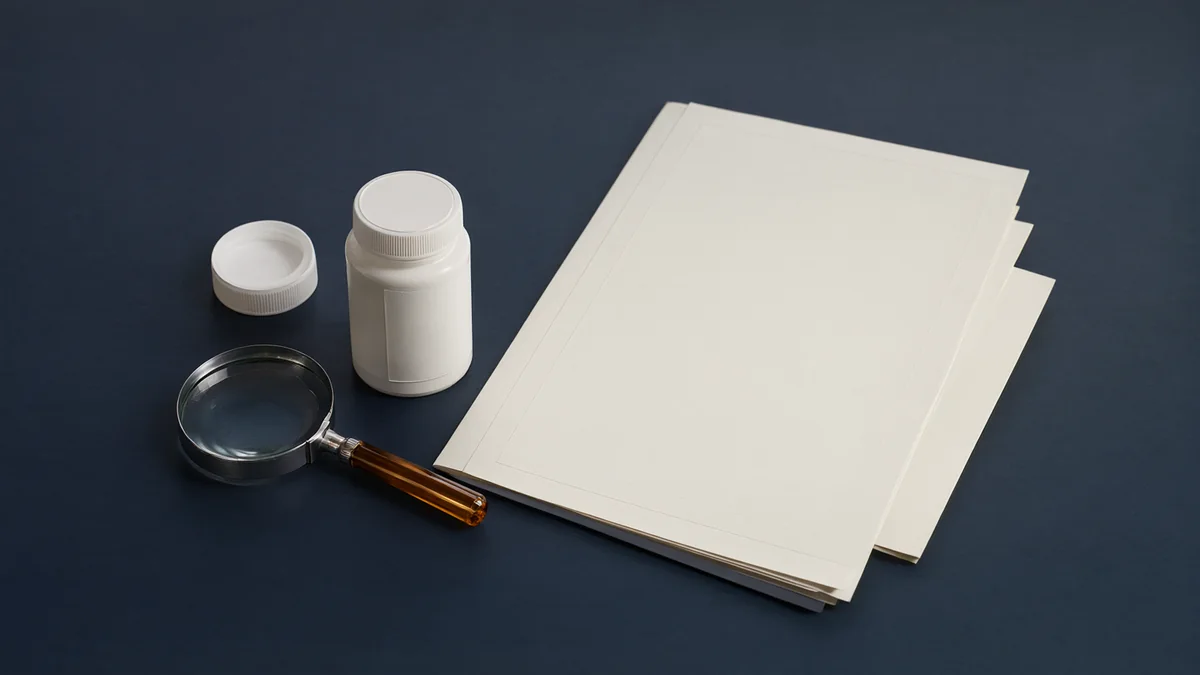 An unlabeled jar beside a magnifying glass and blank research papers.