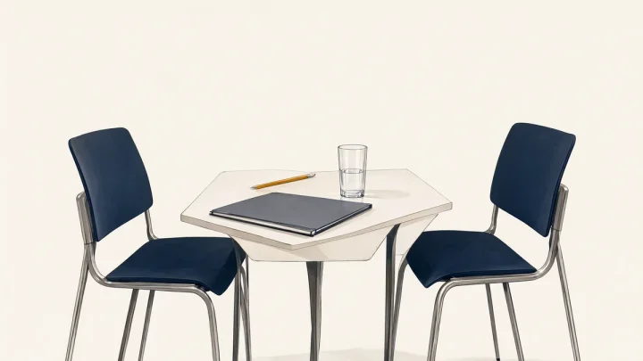 Two empty chairs face a table with a blank folder, pencil and water glass.
